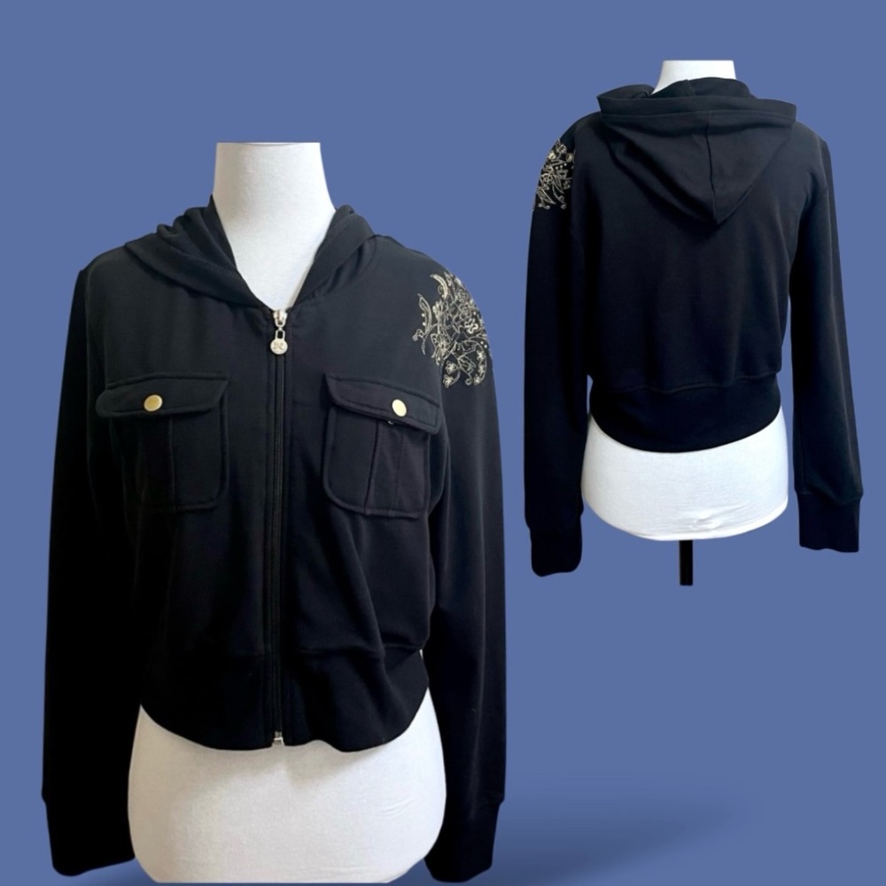 Crest Black Cropped Sweatshirt Hoodie Size XL Gold Embellished Shoulder